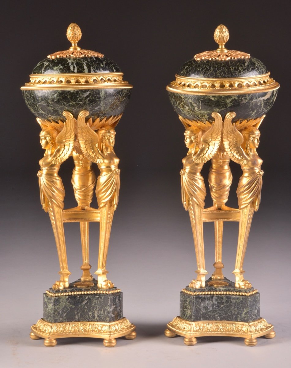 Pair Of 19th Century France Cassolettes In Marble And Bronze, Empire Style-photo-3