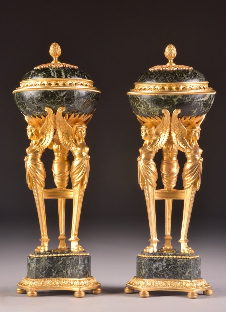 Pair Of 19th Century France Cassolettes In Marble And Bronze, Empire Style