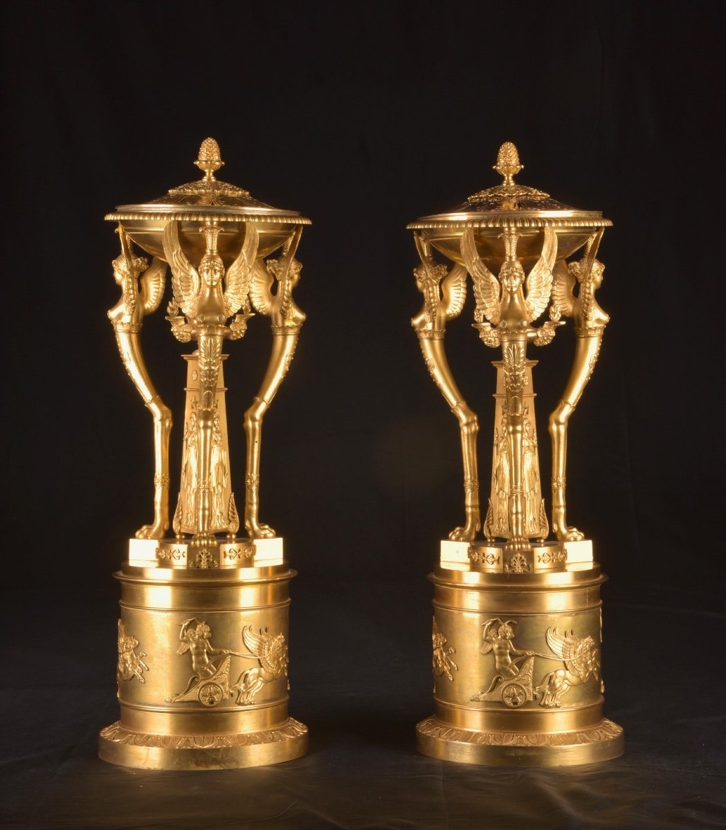 Paire de brûle-parfums en bronze doré, Empire, vers 1810-photo-3