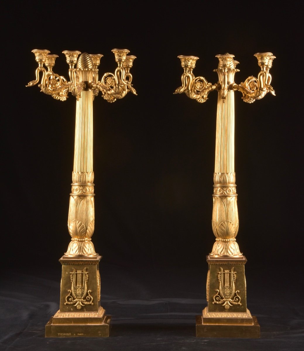 Pierre Philippe Thomire: A Pair Of Large Empire Candelabra With Six Lights In Gilt Bronze-photo-2