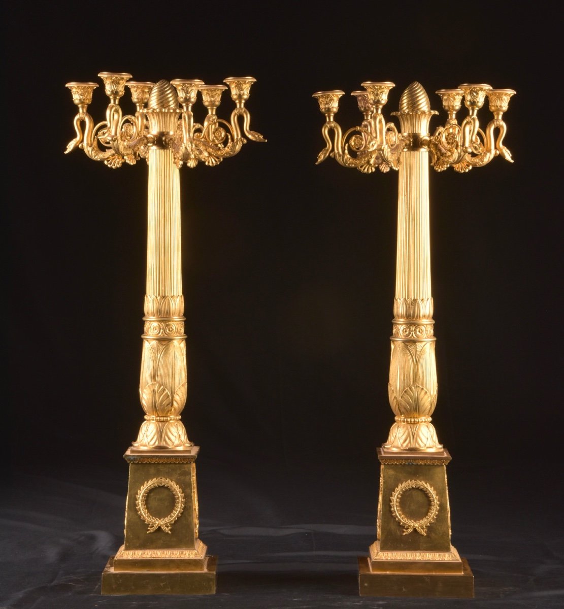 Pierre Philippe Thomire: A Pair Of Large Empire Candelabra With Six Lights In Gilt Bronze