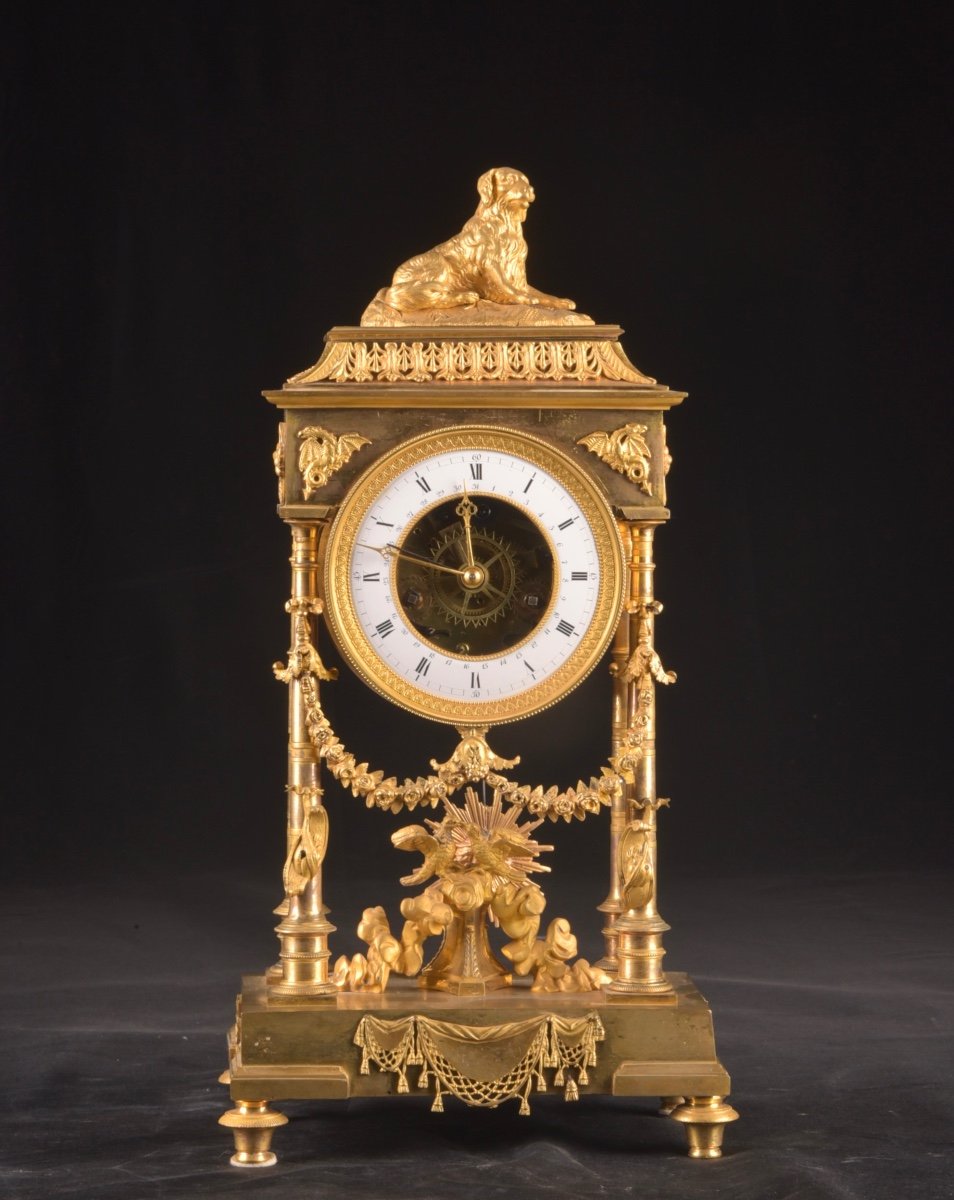 Empire Portico Clock In Gilt Bronze And Gilded Mercury