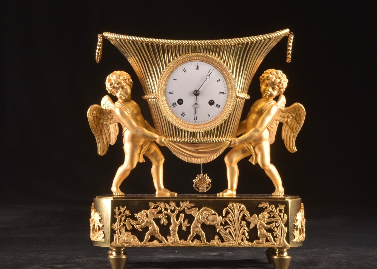 Empire Clock With Cherubs, Gilt Bronze, Ca. 1800-1820-photo-1