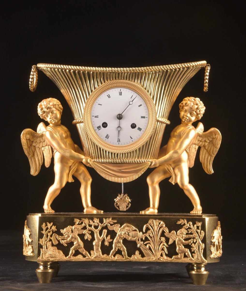 Empire Clock With Cherubs, Gilt Bronze, Ca. 1800-1820