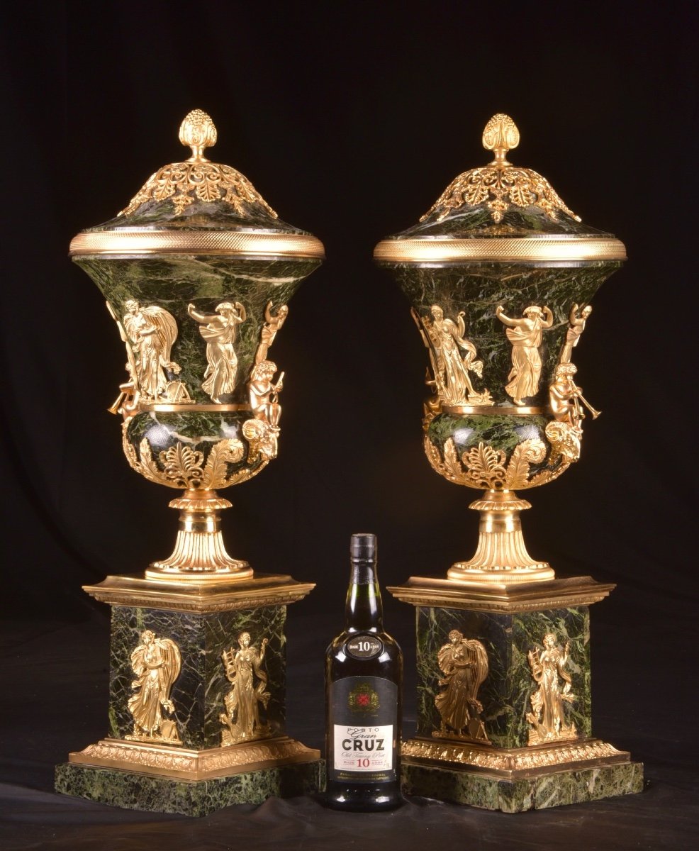 Large Pair Of Napoleon III Cassolettes In Green Marble And Gilt Bronze-photo-7