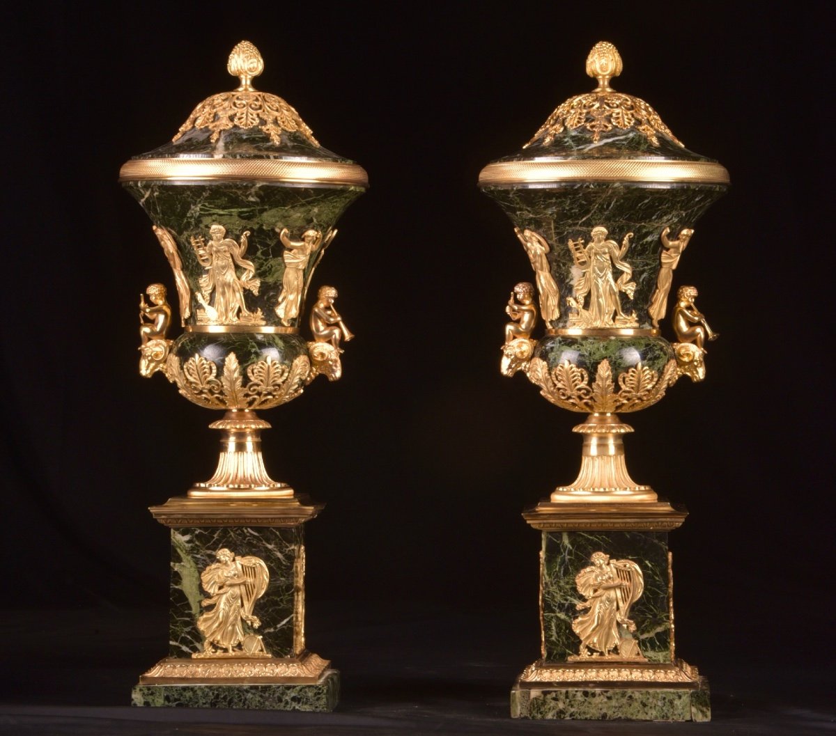 Large Pair Of Napoleon III Cassolettes In Green Marble And Gilt Bronze