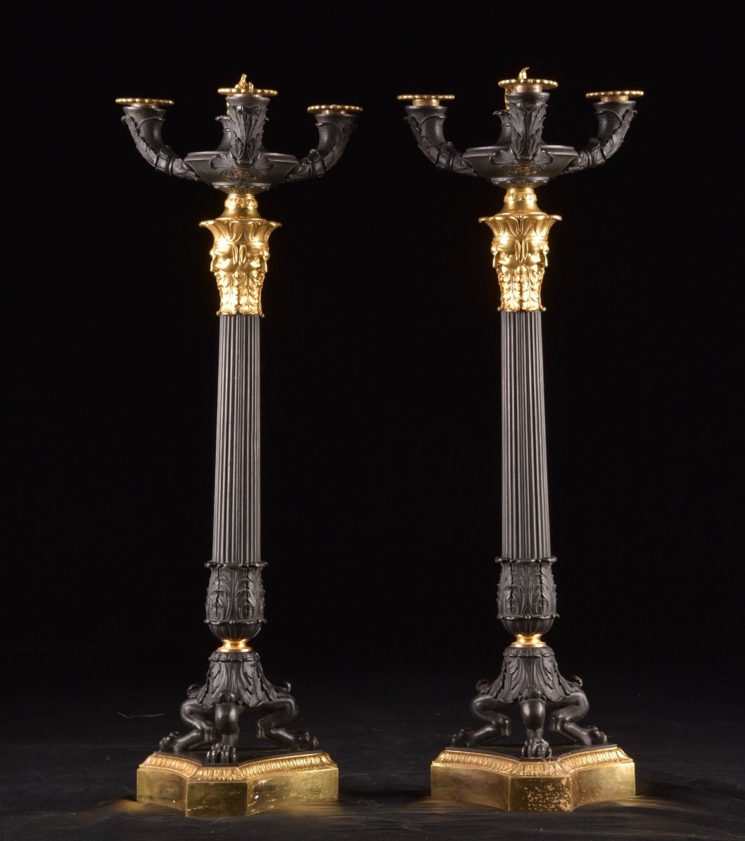 Un Paire De Candélabres Empire En Bronze Et Bronze Doré, Ca. 19e Siècle-photo-6