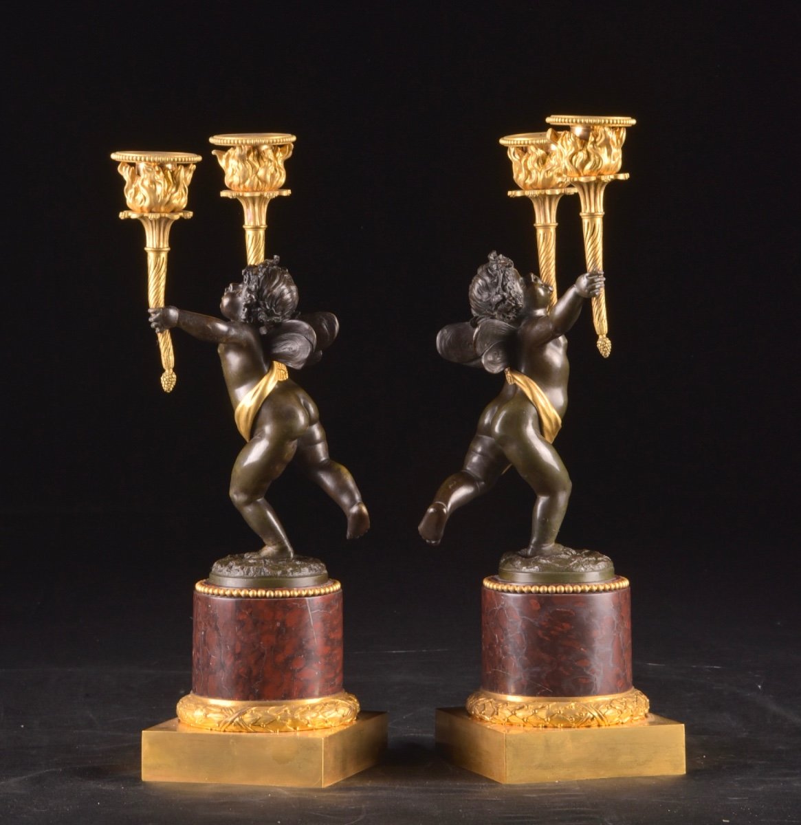 Paire De Candélabres Empire En Bronze Doré Et Patiné, Début 19ème Siècle-photo-2