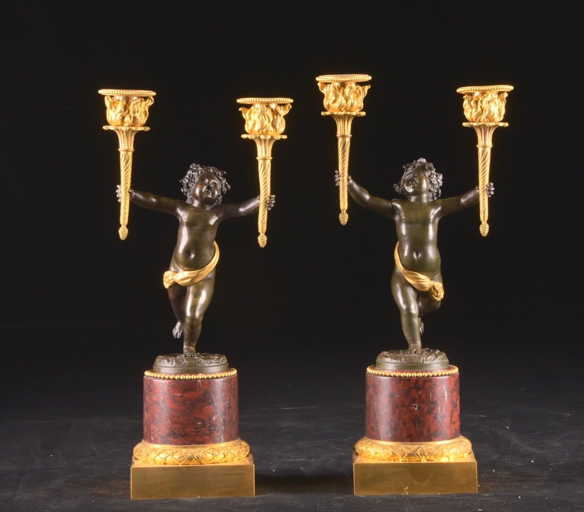 Paire De Candélabres Empire En Bronze Doré Et Patiné, Début 19ème Siècle-photo-1