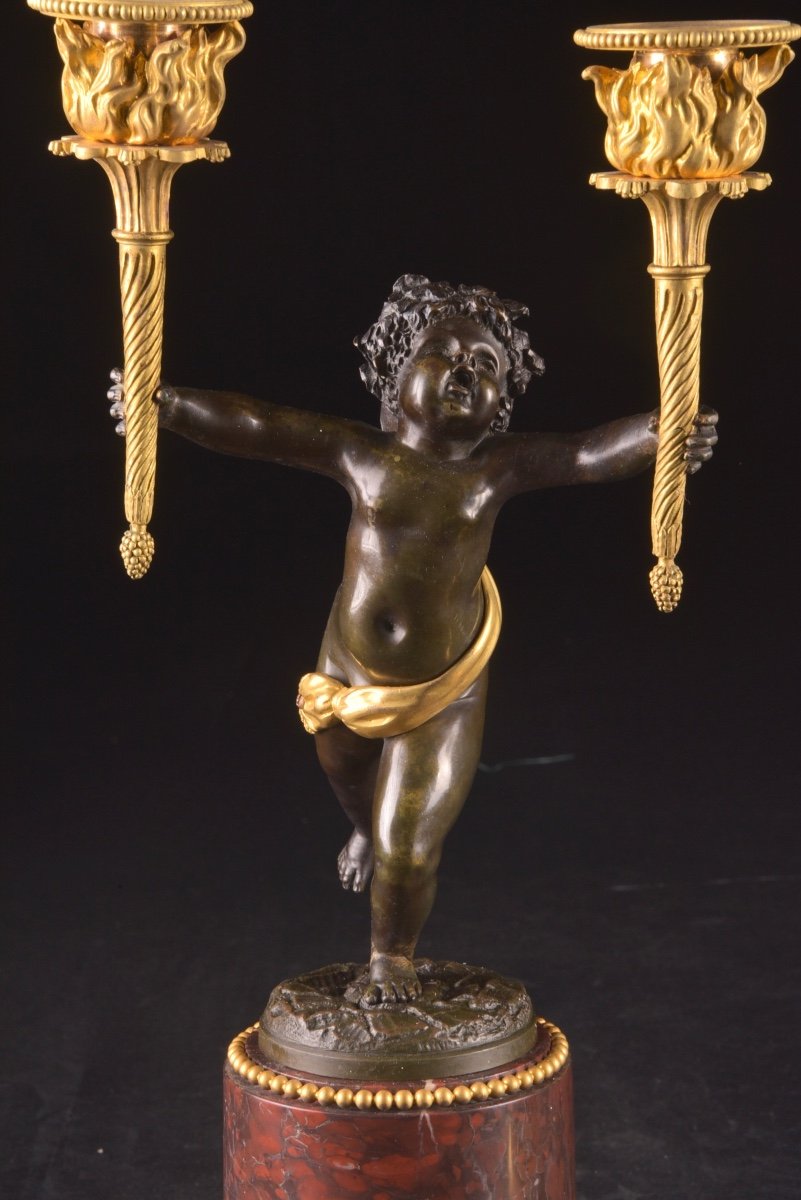 Paire De Candélabres Empire En Bronze Doré Et Patiné, Début 19ème Siècle-photo-6