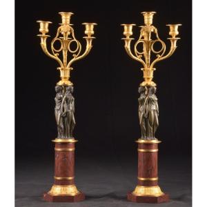 Large Pair Of Empire Candelabra, With Three Gratins, In The Style Of Pierre-philippe Thomire