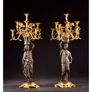 Une grande paire de candélabres orientalistes nubiens en bronze par Charles Cumberworth ca.1850