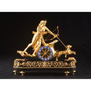 A Large French Empire Chariot Clock, With Diana, Deer And Dogs