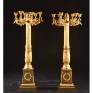 Pierre Philippe Thomire: A Pair Of Large Empire Candelabra With Six Lights In Gilt Bronze