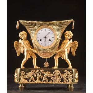 Empire Clock With Cherubs, Gilt Bronze, Ca. 1800-1820