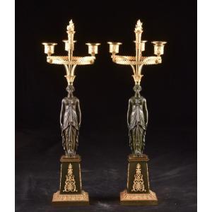 Pair Of French Empire Candelabra With Caryatid Figures,