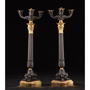 A Pair Of Empire Bronze And Gilt Bronze Candelabra, Ca. 19th Century