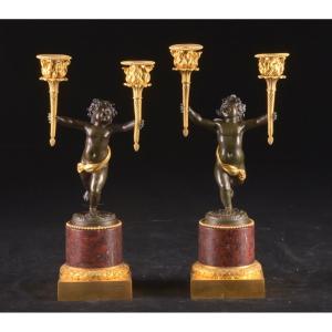 Pair Of Empire Candelabra In Gilt And Patinated Bronze, Early 19th Century