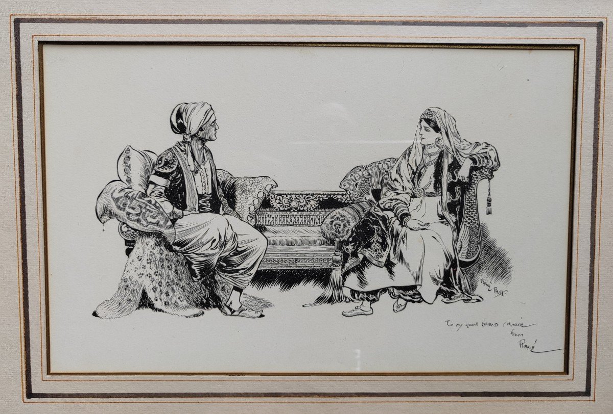 René Bull (1872-1942) Orientalist Scene Drawing Ink The Conversation-photo-2