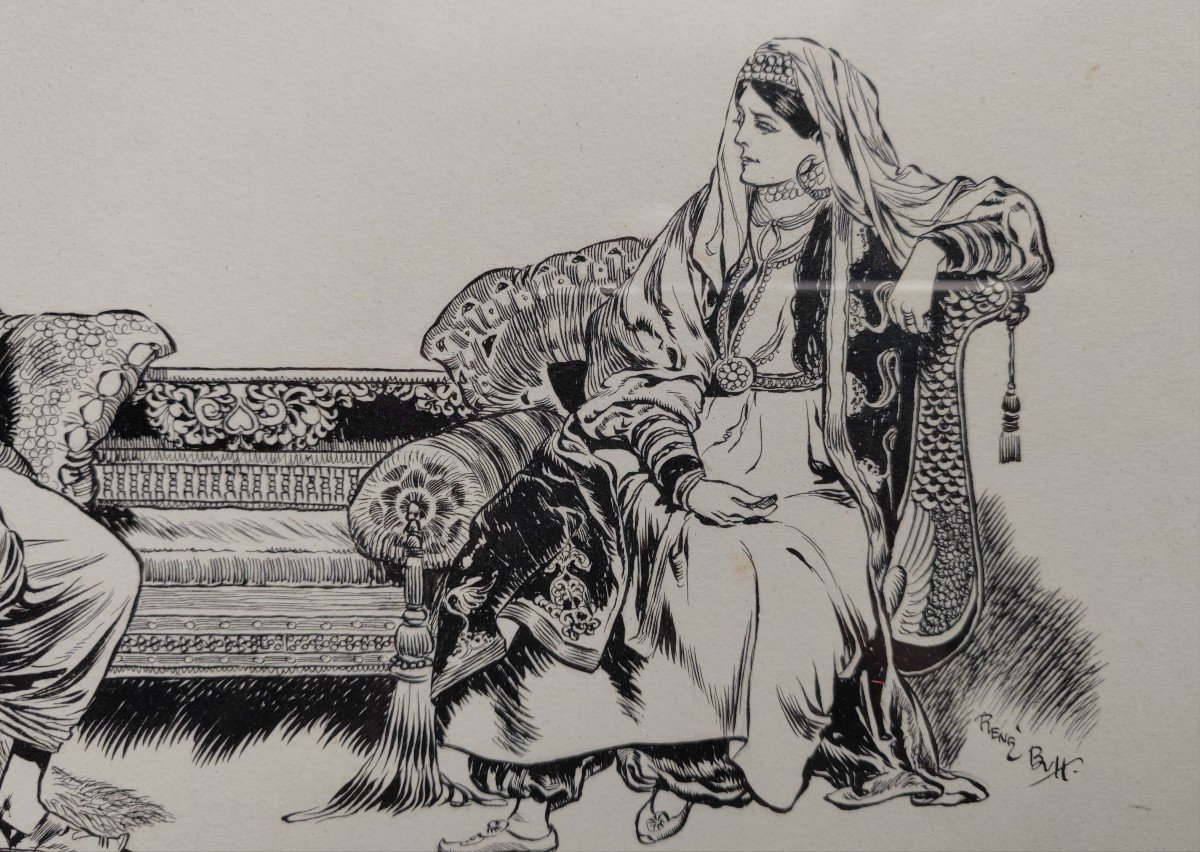 René Bull (1872-1942) Orientalist Scene Drawing Ink The Conversation-photo-4