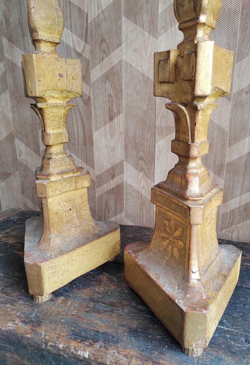 Pair Of Large Wooden Candlestick Holders In Gilded Wood -photo-4