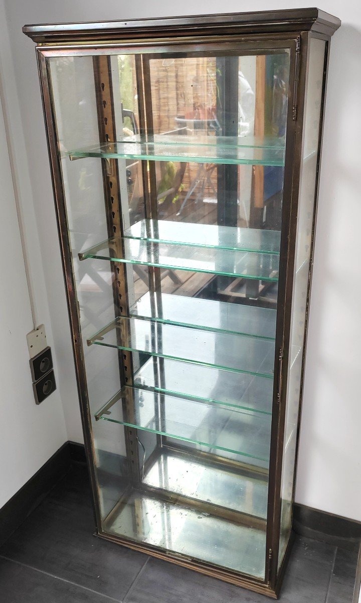 Antique Brass Glass And Mirror Display Cabinet 1900