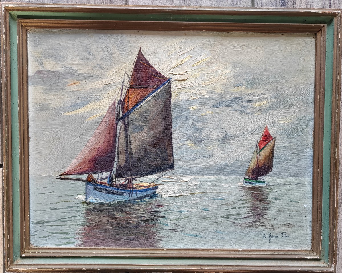 Yann Nibor (1857-1947) Bateaux De Pêche Au Large De St Gilles Croix De Vie