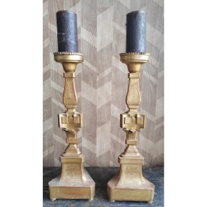 Pair Of Large Wooden Candlestick Holders In Gilded Wood 