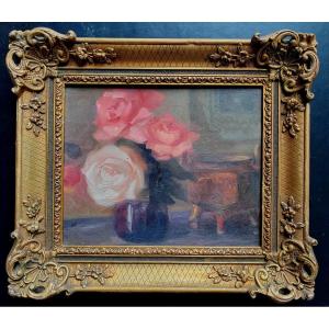 Charles Lautrou Brest Composition Au Vase De Roses Daté 1924