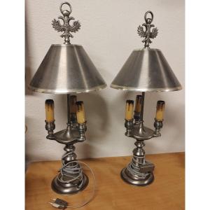 Pair Of Louis XVI Style Hot Water Bottle Lamps In Brushed Metal 