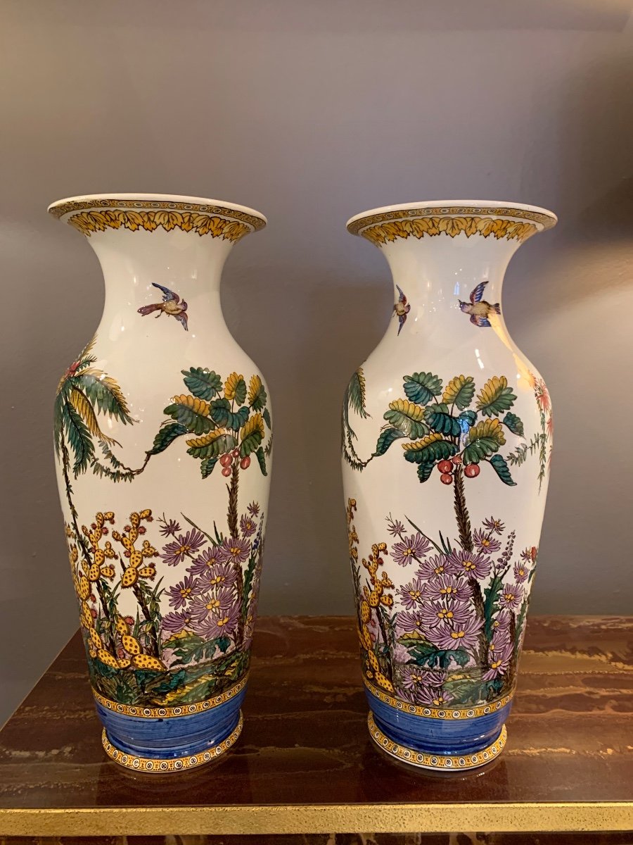 Paire De Grands Vases Gien Décor Exotique 1871.-photo-3