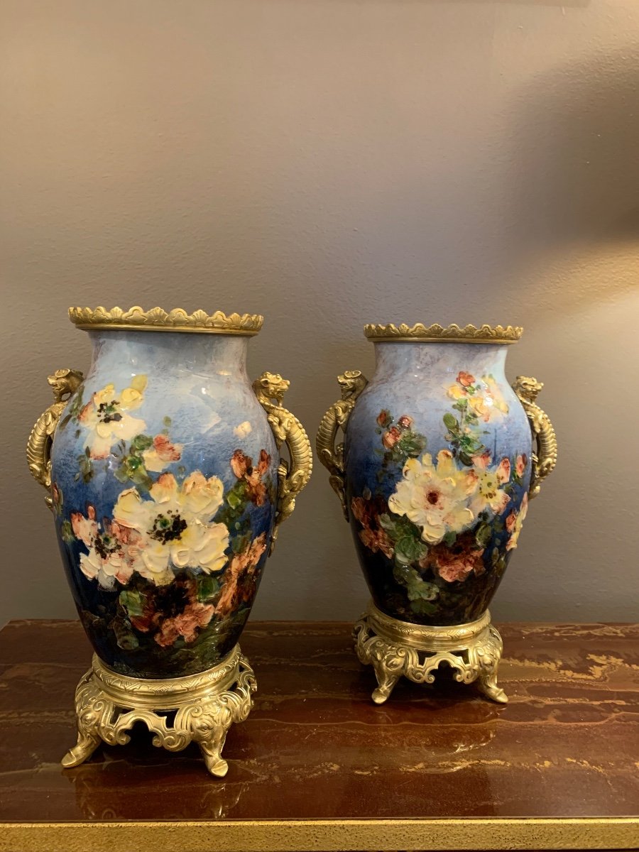 Pair Of Barbotine Montigny Sur Loing Vases / Bronze.-photo-2