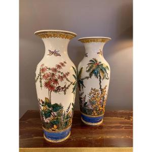Pair Of Large Vases Gien Exotic Decor 1871.