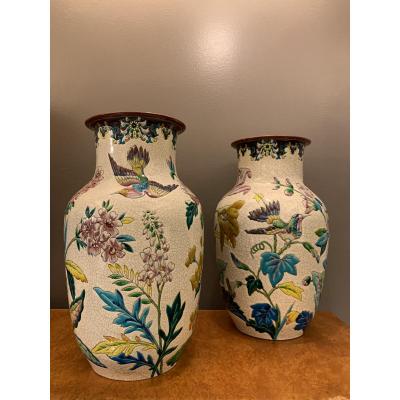  Pair Of Longwy XIXth Vases.