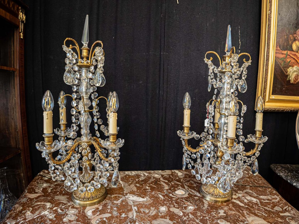 Pair Of Crystal And Bronze Girandoles-photo-2