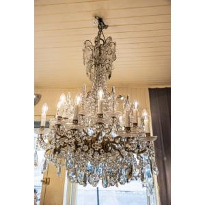 Grand Lustre A Pampille Cristal Et Bronze