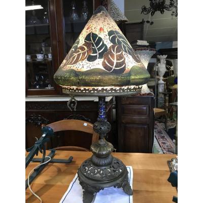Cloisonne Bronze And Etched Glass Lamp