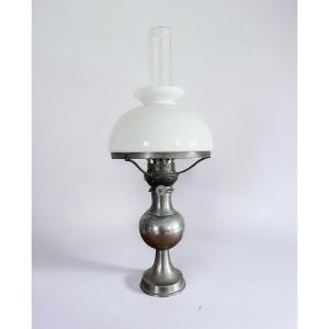 Kosmos Brenner Pewter Oil Lamp With White Opaline Globe