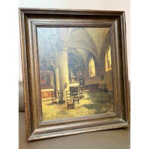 Oil On Canvas - Church Scene By Gérard Moortgat