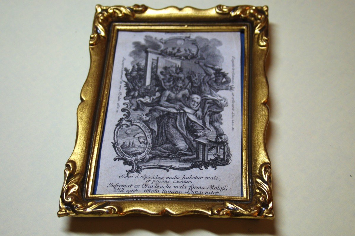 Original Antique Print With Golden Frame, Engraving Fragment, 18th Century-photo-4