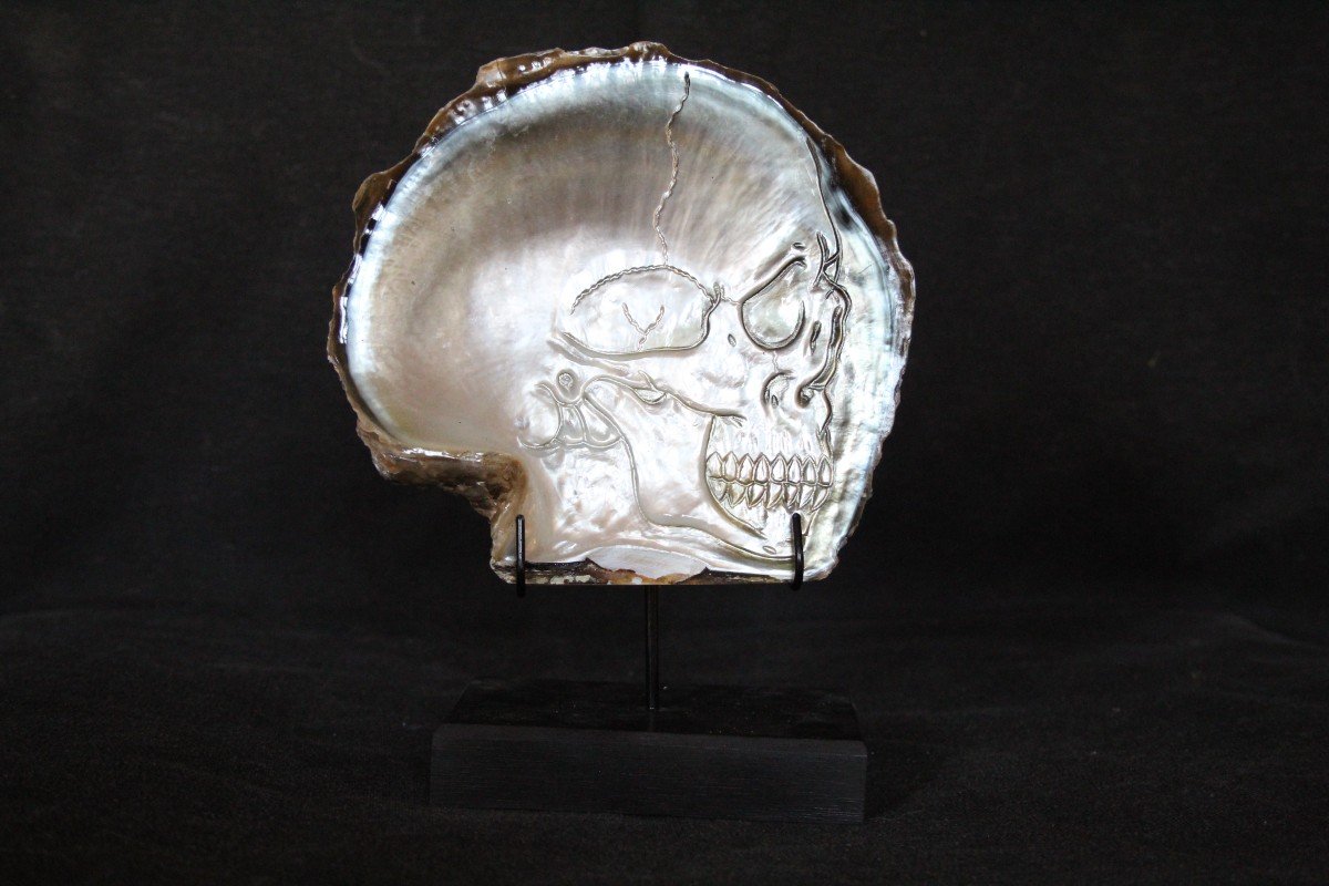 Carved Skull On Pinctada Maxima Mother Of Pearl Shell– Custom Stand-photo-2