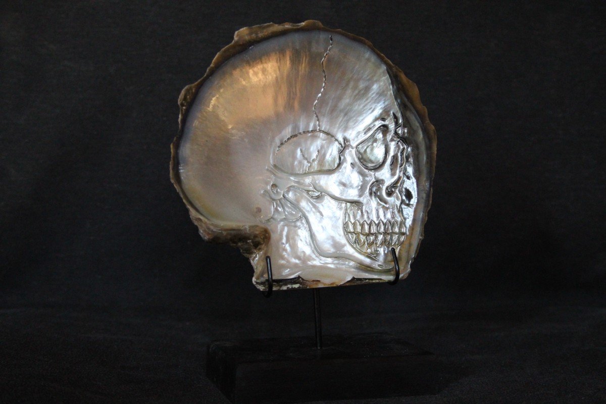 Carved Skull On Pinctada Maxima Mother Of Pearl Shell– Custom Stand