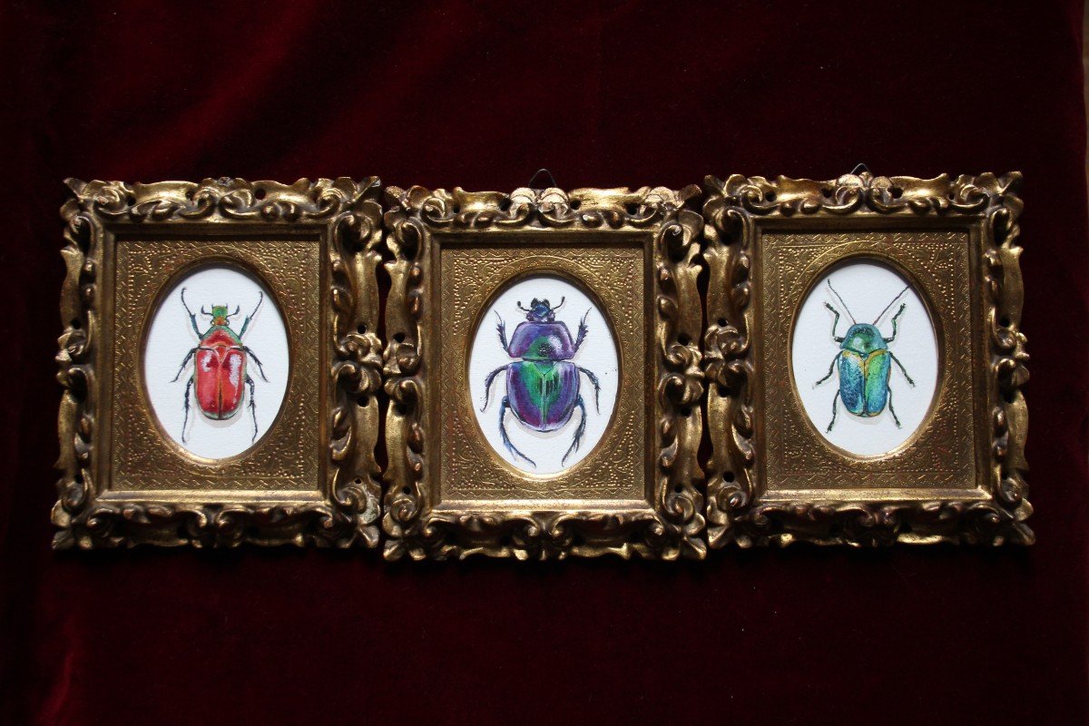 Proantic: Three Watercolor Miniatures In Antique Gilt Frames