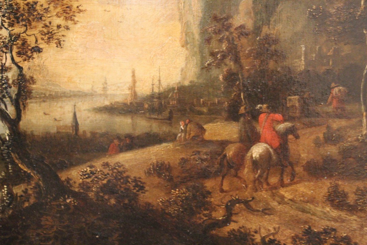 Peinture Flamande Sur Panneau, Chevaliers En Paysage, XVIIIe Siècle-photo-4