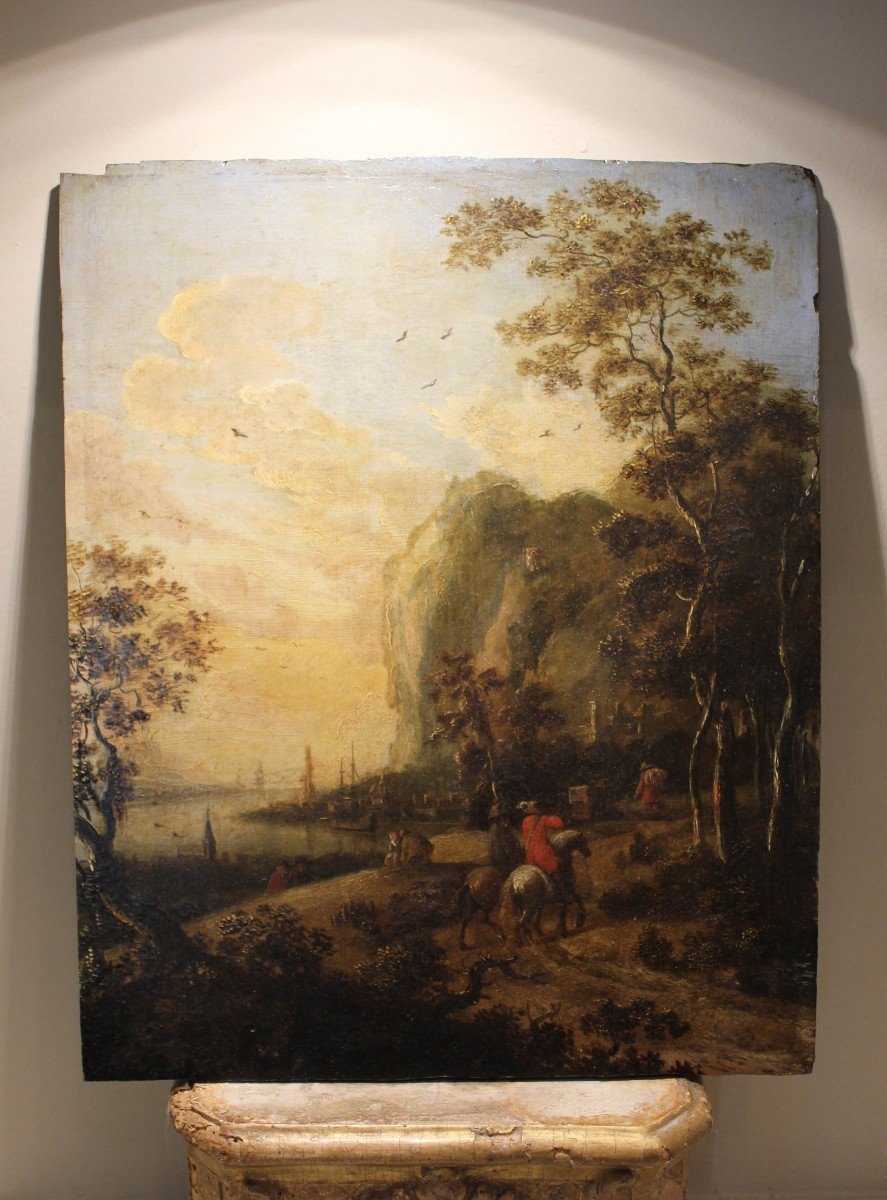 Peinture Flamande Sur Panneau, Chevaliers En Paysage, XVIIIe Siècle