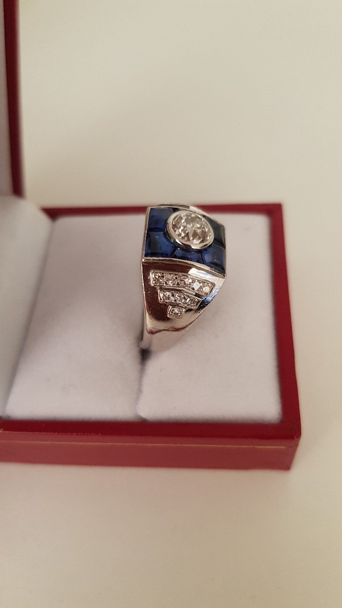 Platinum-diamond-sapphire Art Deco Ring-photo-3