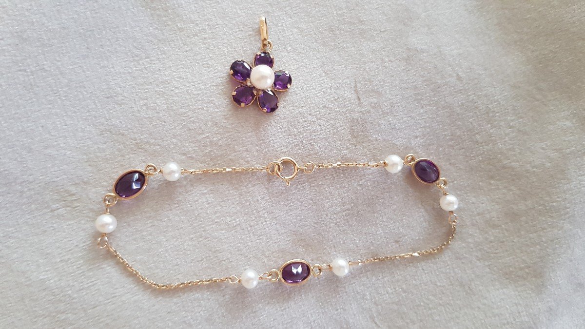 Gold-amethyst-pearl Bracelet-pendant Set