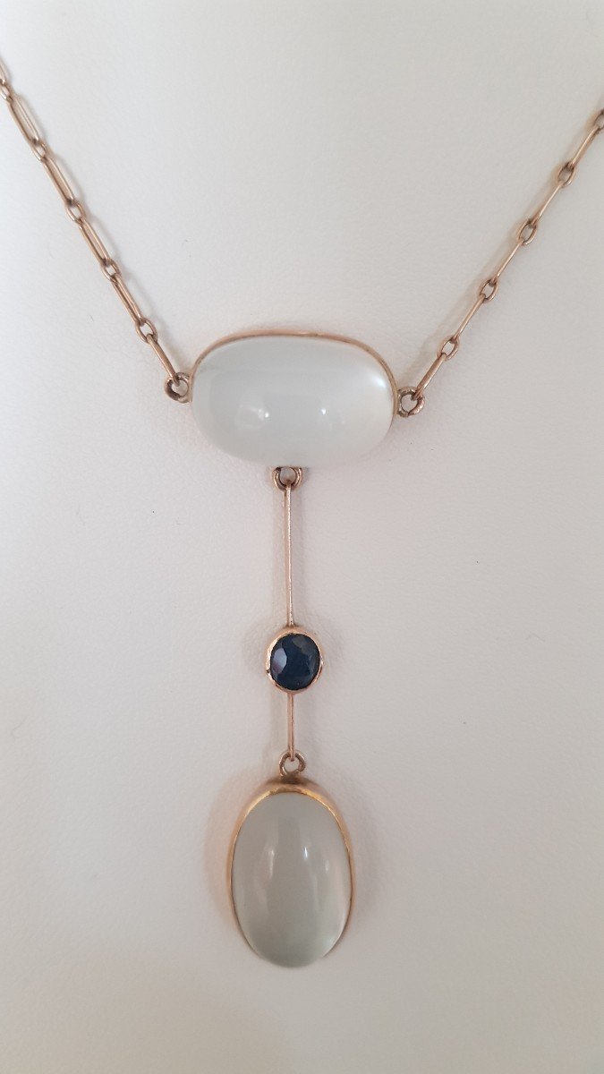 Collier Or, Pierres De Lune Et Saphir 