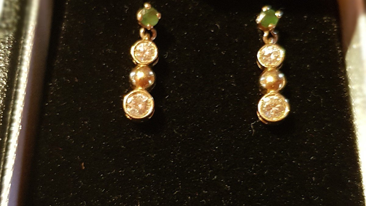 Gold Ear Drops - Diamonds - Emeralds