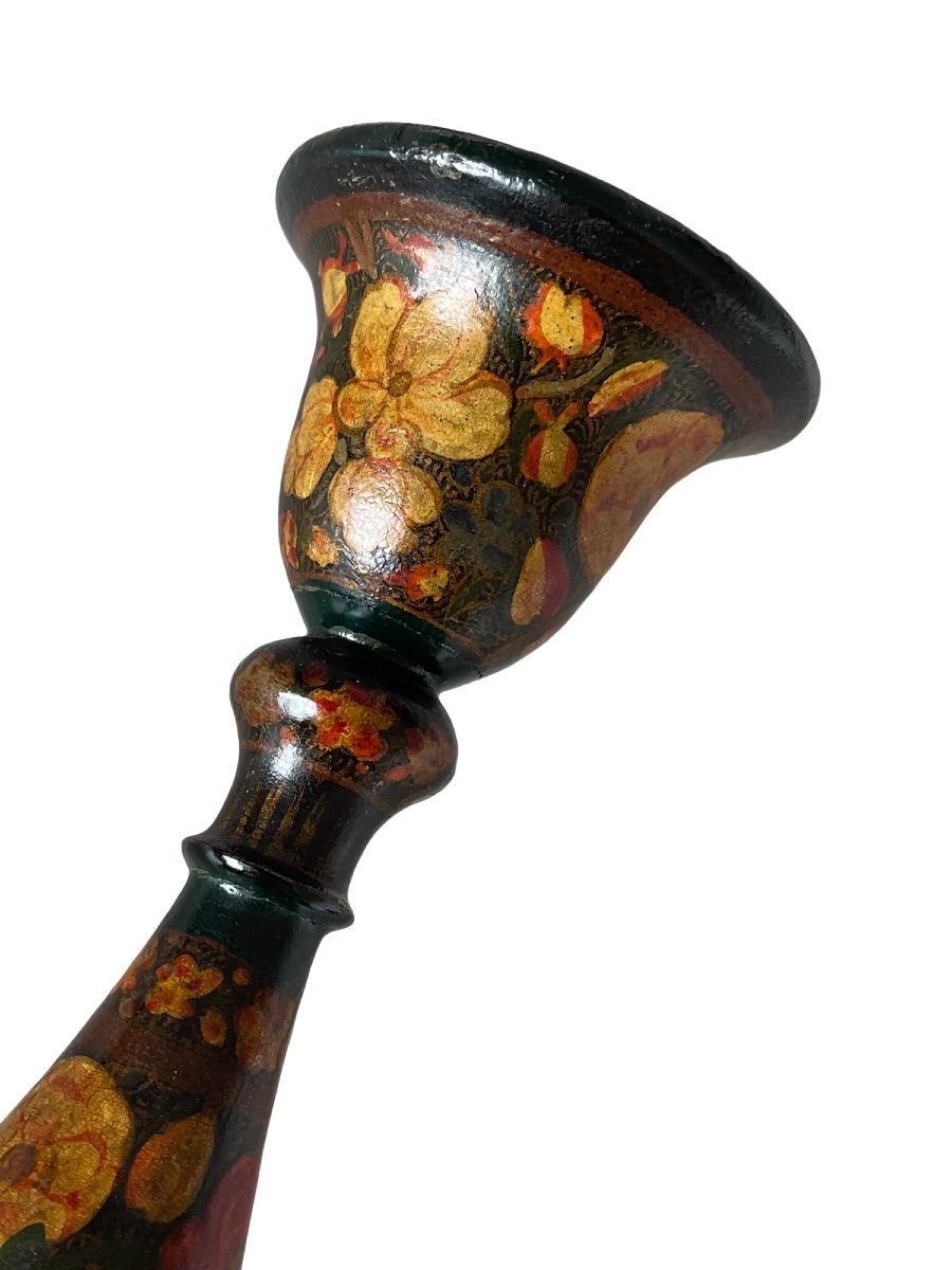 India Pair Of Kashmiri Candlesticks Lamp Bases In Turned And Lacquered Wood -photo-3